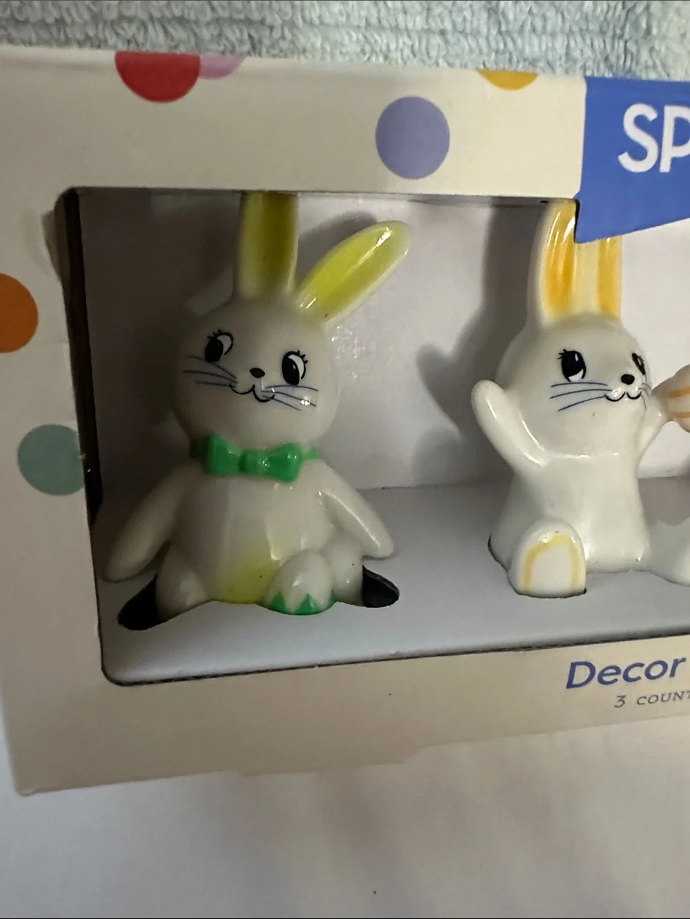 Spritz White Ceramic Bunny Decor Set with Green, Yellow and Pink Accents NWT